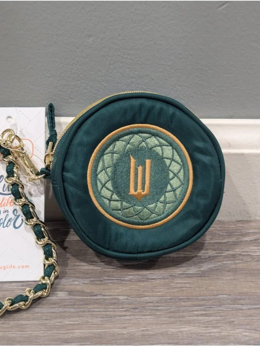 NWT Wicked X Lug Ozwheel Pouch With Embroidery Green Zip Around Gold Strap Bag